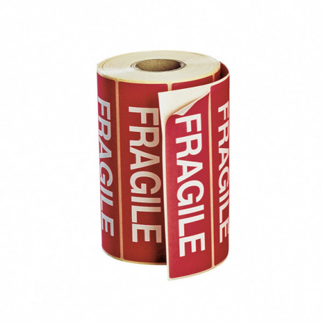 Rouleau d'étiquettes de signalisation adhésives fond rouge FRAGILE 120mm x 50mm